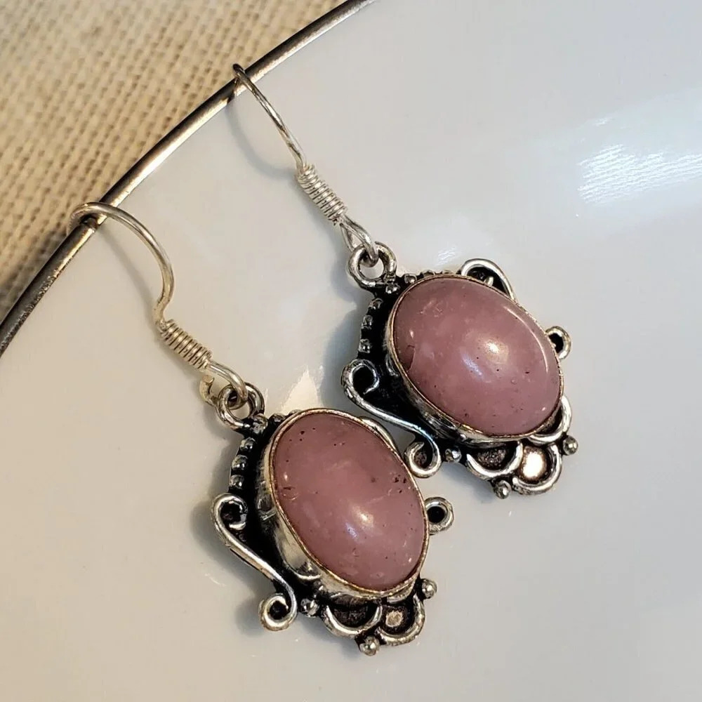Artisan India Art Nouveau Scrolls Oval Stone 925 Sterling Silver Earrings - Picture 5 of 6